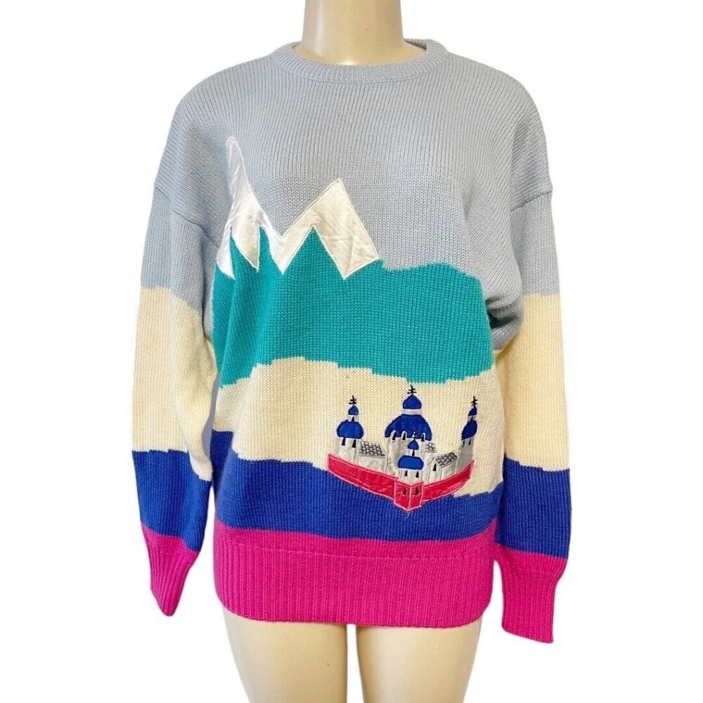 VTG 80s Meister Wool Grandpa Sweater Pink Blue White Colorblock Ski Retro Castle